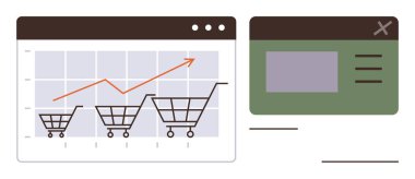 Bir web sayfası arayüzü yanında büyümeyi gösteren yukarı doğru eğilimli bir ızgara üzerinde alışveriş arabaları. E-ticaret, analitik, iş, satış, pazarlama, başarı için ideal, basit düz metafor