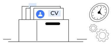 CV 'ler ve özgeçmiş kutuları zamanı sembolize eden saat ve verimliliği temsil eden vitesler. İşe alım, iş arama, İnsan Kaynakları, verimlilik, kariyer planlaması, organizasyon için ideal