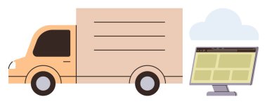 Buluta bağlı turuncu dağıtım kamyonu, lojistik, e-ticaret ve teknolojiyi vurguluyor. Teslimat, lojistik, izleme, depo, e-ticaret bulutu yönetimi için ideal