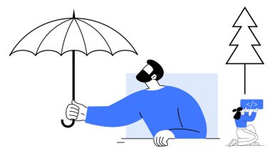 Şemsiye tutan adam korumayı simgeliyor kodlayıcı kod üzerinde çalışıyor asgari tarzda soyut ağaç. Takım desteği, teknoloji, yaratıcılık, yenilik, işbirliği, liderlik için ideal basit