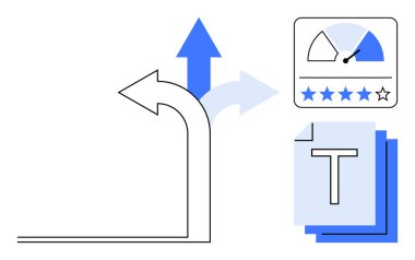 Seçenekleri temsil eden üç yönlü ok, yıldızlı performans göstergesi ve istiflenmiş metin belgeleri. Strateji, performans optimizasyonu, karar verme, değerlendirme, hedef belirleme için ideal