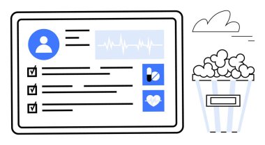 Kullanıcı profili, kontrol listesi, sağlık istatistikleri, hap ikonları ve patlamış mısır kovasının yanında kalp grafiği olan tablet. Sağlık, sağlık, teletıp, sağlık uygulamaları için idealdir.