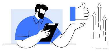 Elinde pano tutan adam başparmaklar ve yükselen oklar için jest yapar, başarıyı, geri bildirimi ve büyümeyi simgeler. Takım çalışması, üretkenlik, değerlendirme, liderlik, kariyer gelişimi için ideal basit