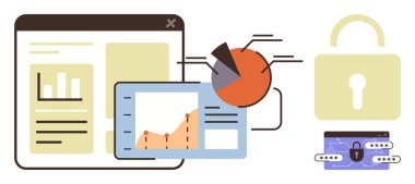 Ekranlardaki tablolar ve grafikler veri analizlerini temsil ediyor. Kilit ve cüzdan güvenliği, mahremiyeti ve finansal güvenliği simgeler. Finans, siber güvenlik, analitik, güven, koruma yönetimi için ideal