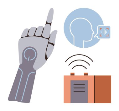 Yukarıya bakan robot eller, ses giriş görselleştirmesi olan kafa profili ve sinyal yayan bir iletişim cihazı. Yapay zeka, robot bilimi, yenilik, iletişim, erişilebilirlik, gelecekteki teknoloji için ideal