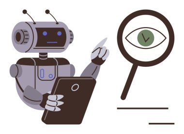 İnsansı robot tabletle etkileşime giriyor, içinde göz olan bir büyüteç gösteriyor. Yapay zeka, yenilik, veri analizi, optimizasyon, araştırma ve teknoloji anlayışları için idealdir. Basit düz metafor