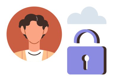 Bulut ve asma kilidin yanındaki kişi avatarı kullanıcı gizliliğini, veri güvenliğini, çevrimiçi güvenliği, kimlik korumasını temsil ediyor. Teknoloji, siber güvenlik, gizlilik politikası, veri depolama, hesap güvenliği için ideal