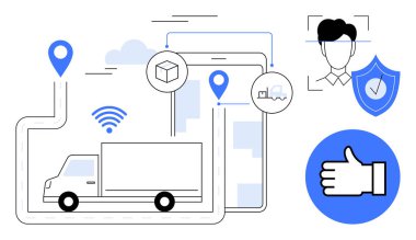 GPS, uygulama simgeleri, yüz tanıma ve güvenlik kalkanı olan bir nakliye kamyonu. Lojistik, izleme, ulaşım, güvenlik, GPS sistem hizmetleri için ideal basit iniş sayfası
