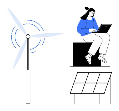 Rüzgar türbini dönüyor, güneş paneli, dizüstü bilgisayarda çalışan kadın. Sürdürülebilirlik, yeşil enerji, teknoloji, yenilenebilir kaynaklar, çevre dostu yenilik, iklim çözümleri için ideal basit düz metafor