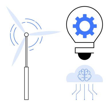 Rüzgar türbini güç üretiyor, fikirler için donanımlı yenilikçi ampul, beyin ve yapay zeka için veri hatları olan bulut. Sürdürülebilirlik, yeşil enerji, yenilik, yapay zeka, teknoloji, otomasyon için ideal