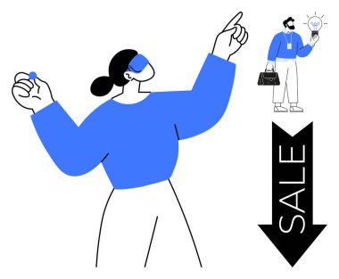 Mavi elbiseli kadın satılık oka yönelirken, evrak çantalı iş adamı ampulü yakıyor. Pazarlama, satış stratejisi, yenilik, perakende satış, takım çalışması, hedefler, indirimler için ideal. Basit düz