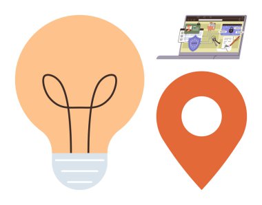 Etkileşimli navigasyon ögelerine sahip ampul, harita iğnesi ve dizüstü bilgisayar ekranı yaratıcılığı, fikir üretimini, teknolojiyi, stratejiyi, yer hizmetlerini, yenilik haritasını ve problem çözmeyi sembolize eder.
