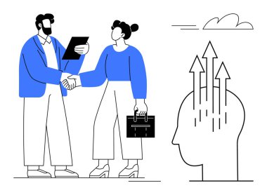 İki iş adamı el sıkışıyor, biri belgeleri tutuyor, ortaklığı simgeliyor. Yakınlarda, yukarı doğru oklu bir baş silueti büyüme, fikir ve ilerlemeyi temsil ediyor. İş ve takım çalışması için ideal.