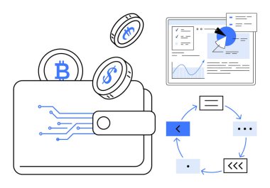 Şifreli paraları koruyan dijital cüzdan Bitcoin ve Dollar 'ı onaylıyor. Çizelgeli veri analiz ekranı, iş akışı elemanlarını işliyor. Fintech, engelleme zinciri, para transferi ve ticaret için ideal