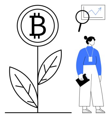 Bitcoin yapraklı bir bitki olarak gelişiyor ve finansal fırsatları ön plana çıkarıyor. Panosu olan kadın pazar eğilimlerini araştırıyor. Finans, kripto para birimi, yatırımlar, teknoloji, analiz için ideal