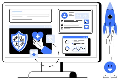 Sağlık verileri, analitikler, tıbbi araçlar ve büyüme simgelerinin yer aldığı bilgisayar ekranı. Sağlık, analitik, yenilik, teletıp gelişimi için ideal teknoloji başarısı. Basit düz metafor