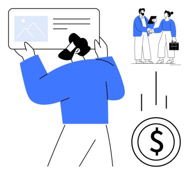 Belge sunan adam, iş arkadaşları el sıkışan adam ve dolar para illüstrasyonu. Takım çalışması, anlaşma, ortaklık, finans, yatırım iletişim stratejileri için ideal. Minimalist düz