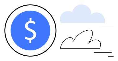 Mavi para dairesel çerçevede, minimum grafik bulutlarının yanında. Finans, bulut hesaplama, fintech, çevrimiçi bankacılık, tasarruflar, yatırımlar, ekonomik büyüme ve basit bir iniş sayfası için ideal