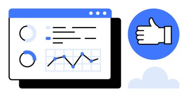 Grafikler, ölçüler ve onay el simgesinden oluşan etkileşimli veri gösterge paneli. Analiz, değerlendirme, izleme, geri bildirim, pazarlama, karar verme sade iniş sayfası için ideal