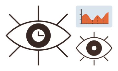 Zaman gözlemini sembolize eden saate sahip göz, veri eğilimlerini gösteren bir çizelgeyle eşleştirilmiş. Analiz, zaman yönetimi, performans izleme, araştırma, izleme, planlama ve üretkenlik için ideal