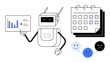 Robot veri tablosu tutuyor, ruh hali simgelerini analiz ediyor, bir takvimin yanına yerleştirilmiş. Yapay zeka, analitik, verimlilik, programlama, otomasyon veri yönetimi yenilik temaları için idealdir. Basit düz metafor