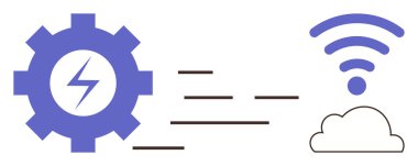 Elektrik cıvatalı dişliler, hızı simgeleyen hatlar, kablosuz sinyalli bulutlar. Otomasyon, veri paylaşımı, bulut servisi, kablosuz teknoloji entegrasyonu için ideal. Basit düz