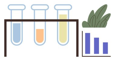 Tutacağında çeşitli sıvılar olan üç test tüpü, bir bar grafiği ve yeşil yapraklar. Bilim, araştırma, laboratuvar çalışmaları, biyoloji, ekoloji veri analizi ve yenilik için ideal. Basit düz metafor