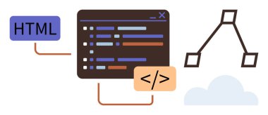 Vurgulanmış kod satırlarıyla kodlama arayüzü, HTML etiketi, kod parantezi ve satırlar üzerinden bağlanmış veri akışı diyagramı. Program, web geliştirme, veri yönetimi, yenilik ve yazılım için ideal