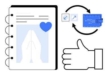 Dua eden elleri ve kalbi olan bir defter, oklu bir cüzdan sembolü ve iyi niyetli bir jest. Sadaka, inanç, finans, bağış, onay, dijital iniş sayfası için ideal