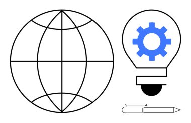 Küre, dişli sembollü ampul ve kalem küresel yenilik, yaratıcılık, teknoloji, eğitim, strateji, iş çözümleri ve bilgi alışverişini vurguluyor. Basit düz metafor için ideal