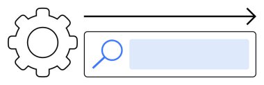 Bir arama çubuğunda vites, büyüteç, ve otomatik işaretleme, arama süreci, optimizasyon, iş akışı, yenilik, verimlilik navigasyonu. Dijital platformlar için ideal eğitici