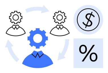 Dişli başlı bireyler oklarla bağlanıyor, dolar işareti, yüzde simgesi. Takım çalışması, finans, süreç optimizasyonu, işbirliği akışı, ekonomik yönetim, strateji sade düz metafor için ideal