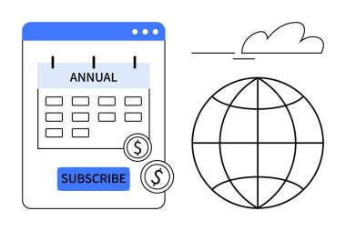 Yıllık takvim, abonelik düğmesi, dolar işaretleri, dünya ve bulut abonelik yönetimi. Çevrimiçi hizmetler, ödemeler, küresel erişim için ideal, SaaS finansman bağlantısı zamanlaması