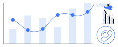 Moda analizli bar tablosu, büyüme fırsatları arayan kişi ve iletişim simgesi. Analiz, ilerleme, yenilik, performans, strateji, takım çalışması için ideal basit düz metafor