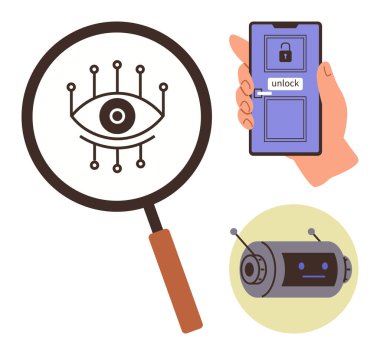 Büyüteç gösteriyor ki dijital göz, sarı dairedeki ikon robot kafanın kilidini açan akıllı telefonu tutuyor. Yapay zeka, güvenlik, teknoloji, yenilik, veri analizi, izleme ve siber güvenlik için ideal