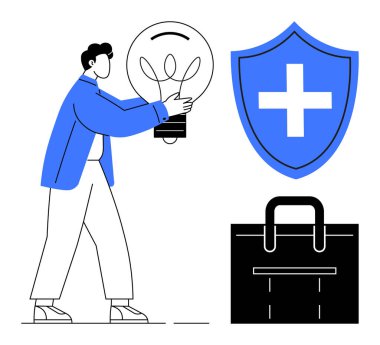 Parlayan ampul tutan kişi, çapraz sembollü mavi kalkan, siyah çanta. İş, yenilik, koruma, sigorta, yaratıcılık güvenliği sağlık hizmetleri için idealdir. Basit düz metafor