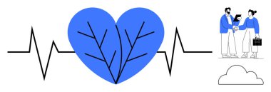 Kalp atışı çizgisi olan mavi yapraklı kalp, el sıkışan iki birey ve bulut sembolü. Sağlık, bağlantı, işbirliği, çevre, takım çalışması büyüme sürdürülebilirliği için ideal. Modern daire