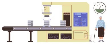 Otomatik makineli fabrika üretim hattı işleme konteynırları, kalite göstergesi ve yaşlı kadın gözlemleme. Endüstri, otomasyon, teknoloji, yaşlanma, verimlilik, kalite süreci için ideal