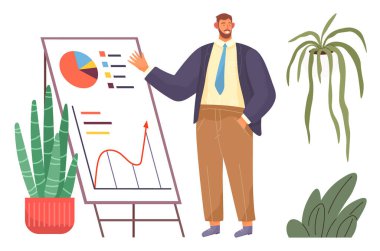 İş adamı, analitiği canlı kapalı mekan bitkileriyle çevrili bir grafikle açıklıyor. Şirket sunumu, takım çalışması, strateji, veri analizi, ofis kültürü ve liderlik için ideal