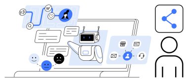 Chatbot kullanıcılarla konuşma baloncukları, duygular ve dizüstü bilgisayar ekranındaki simgeler aracılığıyla iletişim kuruyor. AI, müşteri desteği, teknoloji, otomasyon, ağ kurma, iletişim ve basit bir iniş sayfası için ideal