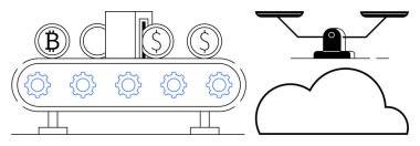 Dolar, bitcoin ve avro sikkeleri, vitesler, bulut ve denge ölçeğinde taşıma bandı. Fintech, otomasyon dijital para birimi, teknoloji sektörü finans ve adalet için ideal. Basit düz metafor