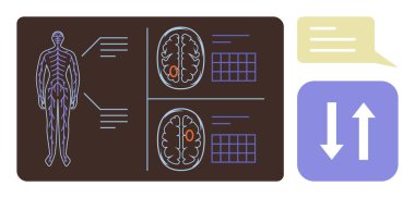 Tüm vücut diyagramı beyin taramaları, tıbbi veri şebekeleri, mesaj baloncukları ve oklarla eşleştirildi. Tıbbi araştırma, anatomi, nöroloji, tanı veri analizi, sağlık ve iletişim için ideal. A