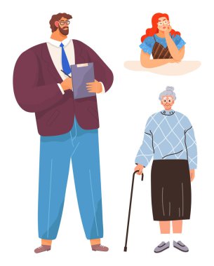 Grup kompozisyonu arasında elinde dosya tutan profesyonel bir adam bastonlu yaşlı bir kadın ve dalgın genç bir kadın var. Çeşitlilik, roller, nesiller arası bağlantı, takım çalışması için ideal