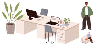 Ofis masası dizüstü bilgisayarlar, bitkiler, kitaplar, sandalyeler ve farklı insanlarla etkileşim halinde. Takım çalışması, işbirliği, çeşitlilik, üretkenlik yaşam tarzı modern ofis için idealdir.