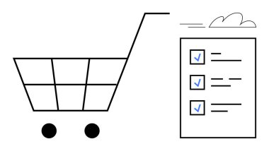Kontrol işaretli bir listenin yanında minimalist alışveriş arabası. Planlama, organizasyon ve ticareti sembolize ediyor. Perakende, çevrimiçi alışveriş, envanter, tüketici alışkanlıkları, lojistik stratejisi için ideal