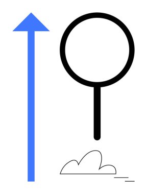 Mavi yukarı doğru ok, siyah büyüteç, ve minimalist bulut büyümeyi, ilerlemeyi, görüşü çağrıştırıyor. Başarı stratejisi, keşif, içgörü yeniliği geliştirme keşfi için idealdir. Basit düz