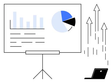 Veri sunumu çubuk ve pasta grafikleri, metin elemanları ile ayakta duruyor. Oklar büyümeyi simgeler, dizüstü bilgisayarlar dijital teknolojiyi tasvir eder. İş, analitik, finans, planlama ve büyüme verileri için ideal başarı