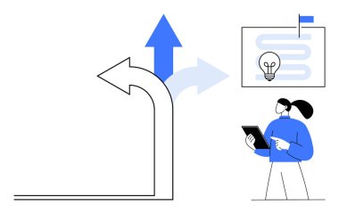 Oklar, elinde tablet olan bir kadının hedefe odaklı bir diyagramı gözlemlemesi gibi karar yollarını gösteriyor. Karar verme, liderlik, hedef belirleme, planlama, strateji, iş büyümesi için ideal