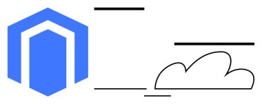 Mavili altıgen şekil, teknoloji, bulut hesaplama ve soyut veri akışı temasını taşıyan minimalist bulut ve yatay çizgilerin yanında. Bulut depolama, bağlantı ve ağlar için ideal