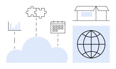 Bulut bağlantılı grafikler, bulmaca parçaları, takvim, mağaza önü ve dünya. Teknoloji, ticaret, e-ticaret organizasyonu küresel ağ ve yenilik için idealdir. Basit düz metafor